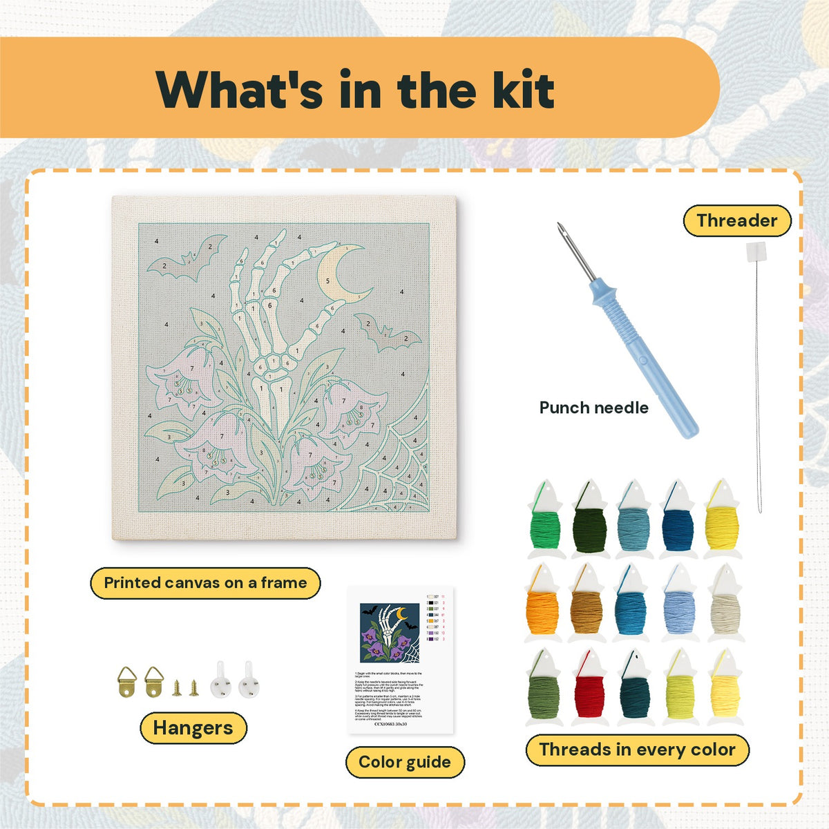 What is in the Bellflower Bone Hand kit: printed canvas, punch needle, threader, threads, color guide and hangers