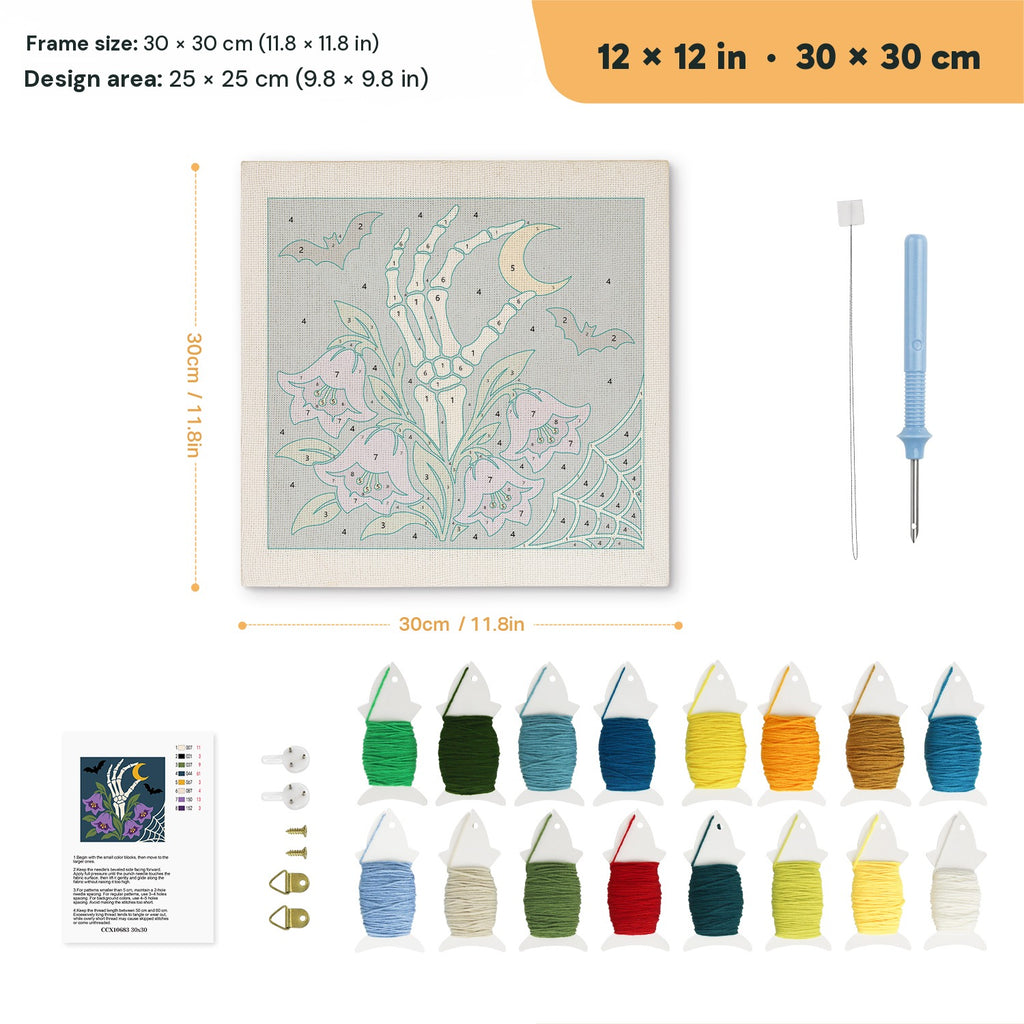 Bellflower Bone Hand punch needle kit, 12 × 12 in (30 × 30 cm): canvas size and kit contents
