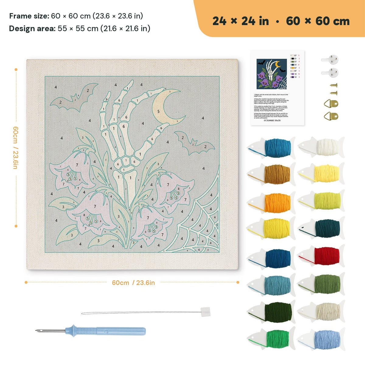 Bellflower Bone Hand punch needle kit, 24 × 24 in (60 × 60 cm): canvas size and kit contents