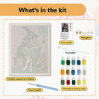What is in the Bench Witch and Cat kit: printed canvas, punch needle, threader, threads, color guide and hangers