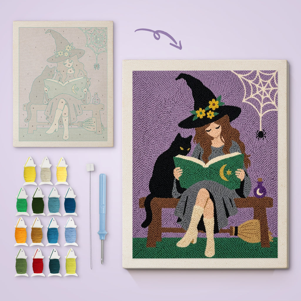 Bench Witch and Cat canvas before and after punching, with the threads and tools