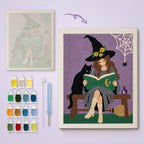 Bench Witch and Cat canvas before and after punching, with the threads and tools