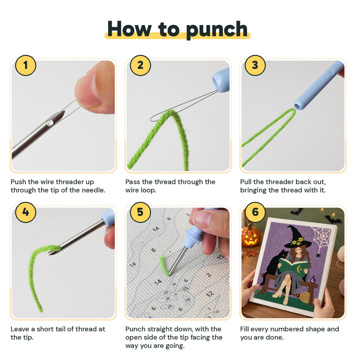Six steps showing how to thread and use the punch needle