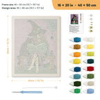 Bench Witch and Cat punch needle kit, 16 × 20 in (40 × 50 cm): canvas size and kit contents