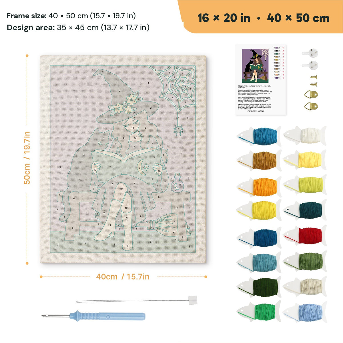 Bench Witch and Cat punch needle kit, 16 × 20 in (40 × 50 cm): canvas size and kit contents