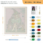 Bench Witch and Cat punch needle kit, 20 × 24 in (50 × 60 cm): canvas size and kit contents