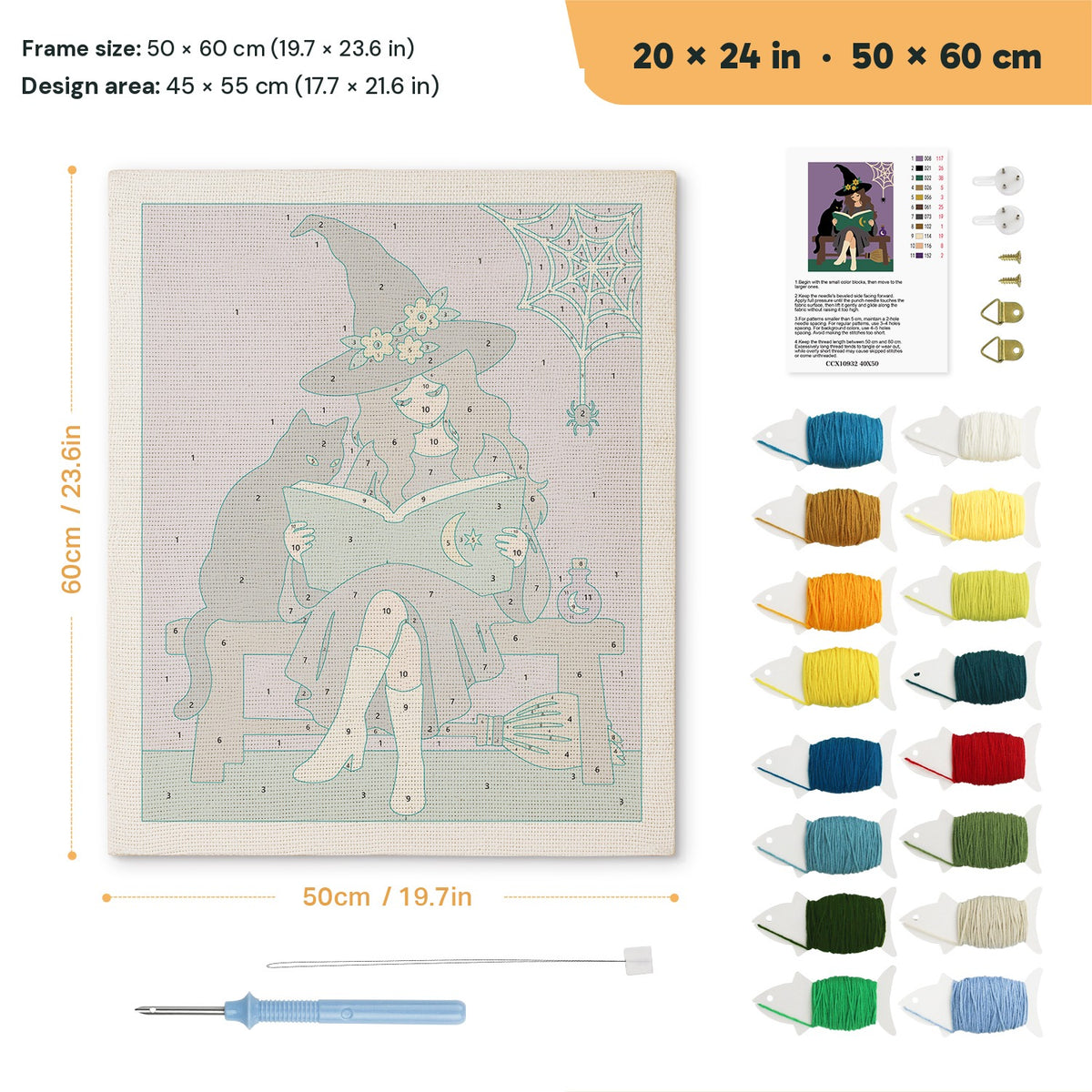 Bench Witch and Cat punch needle kit, 20 × 24 in (50 × 60 cm): canvas size and kit contents