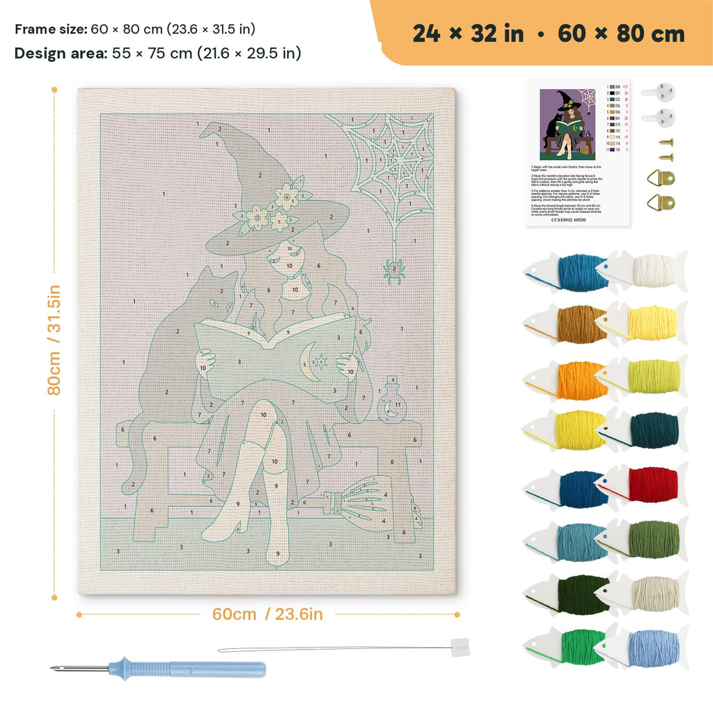Bench Witch and Cat punch needle kit, 24 × 32 in (60 × 80 cm): canvas size and kit contents