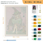 Bench Witch and Cat punch needle kit, 24 × 32 in (60 × 80 cm): canvas size and kit contents