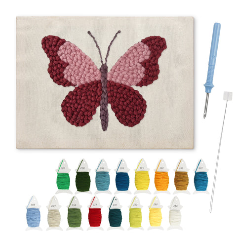 Berry Butterfly punch needle kit: finished canvas with threads, punch needle and threader