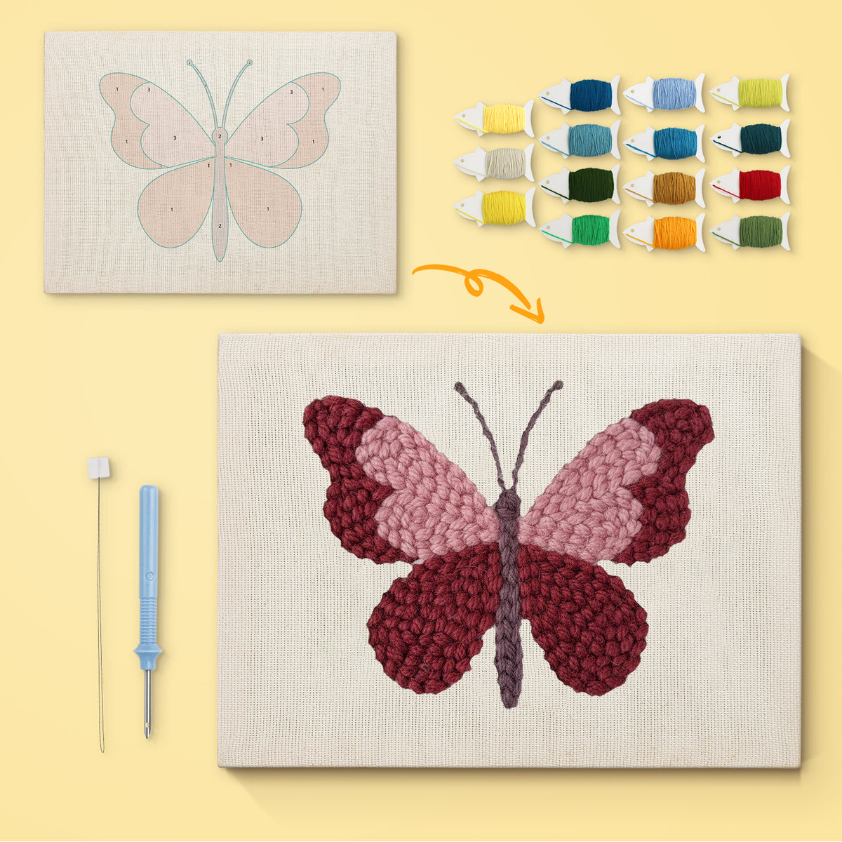 Berry Butterfly canvas before and after punching, with the threads and tools