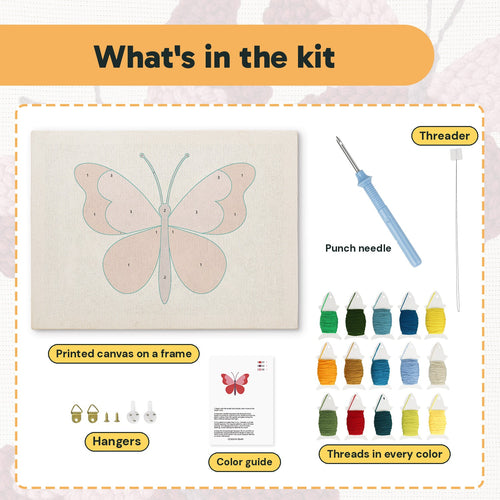 What is in the Berry Butterfly kit: printed canvas, punch needle, threader, threads, color guide and hangers