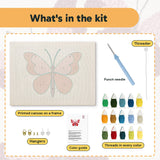 What is in the Berry Butterfly kit: printed canvas, punch needle, threader, threads, color guide and hangers