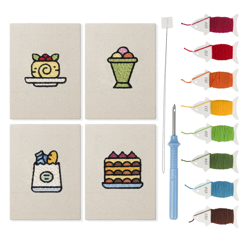 Berry Roll Cake mini punch needle kit set: four finished canvases with threads, punch needle and threader