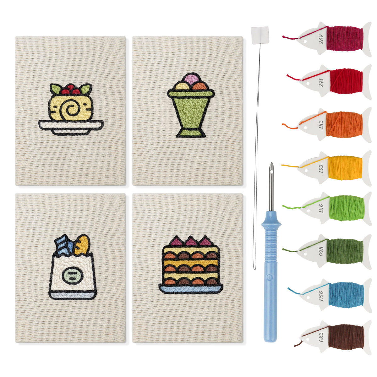 Berry Roll Cake mini punch needle kit set: four finished canvases with threads, punch needle and threader