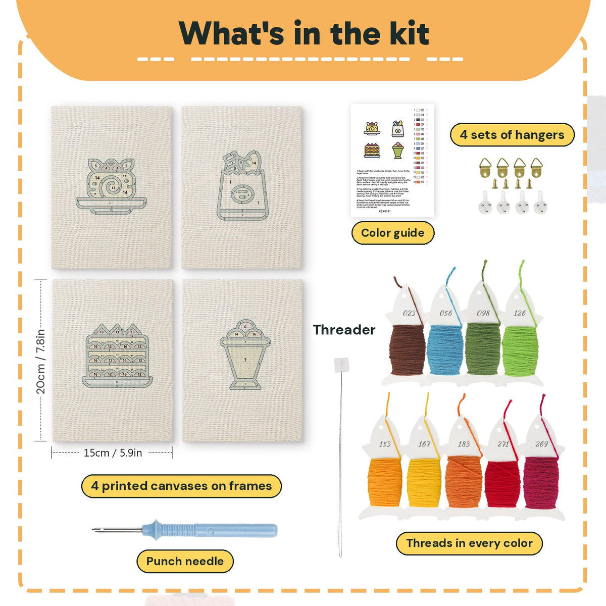 What is in the Berry Roll Cake set: 4 printed canvases, punch needle, threader, threads, color guide and 4 sets of hangers (6 × 8 in (15 × 20 cm) each)