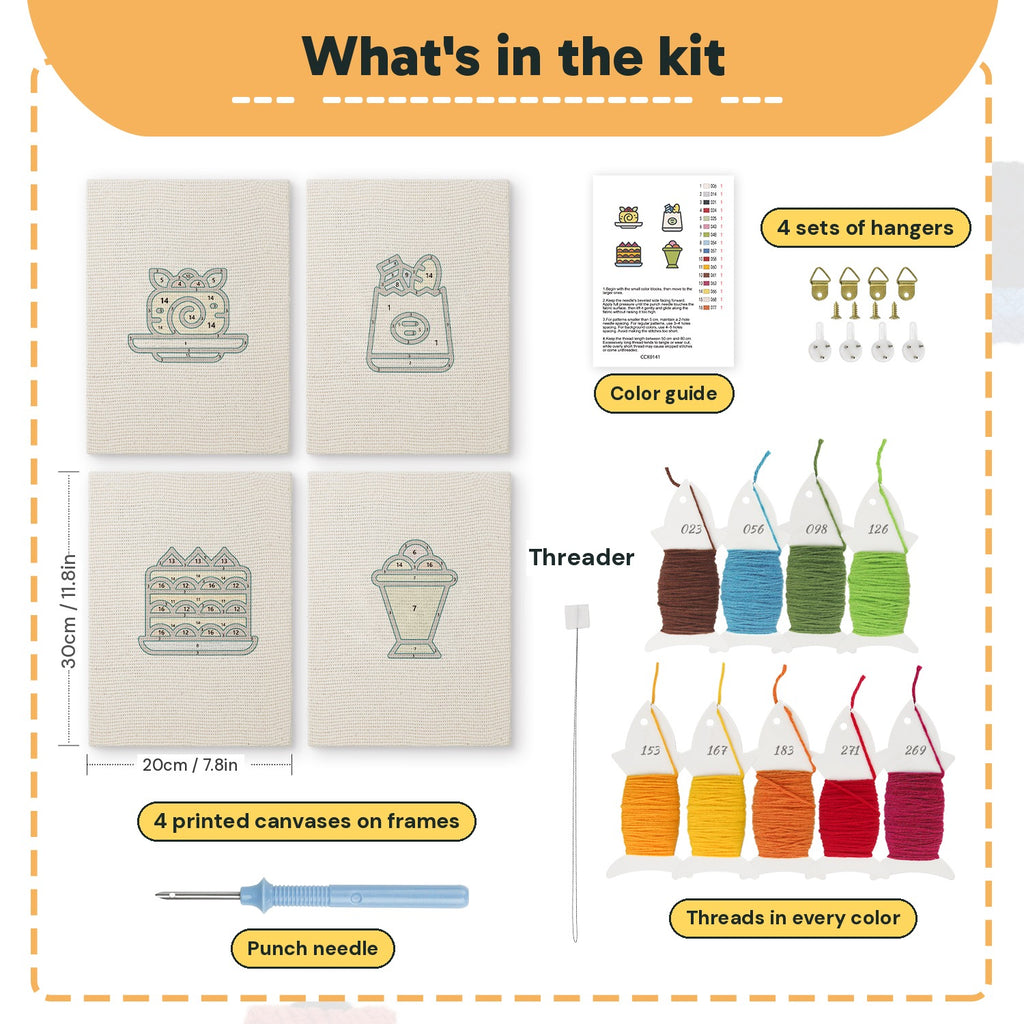 What is in the Berry Roll Cake set, 8 × 12 in (20 × 30 cm) each: 4 printed canvases, punch needle, threader, threads, color guide and 4 sets of hangers