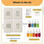 What is in the Berry Roll Cake set, 8 × 12 in (20 × 30 cm) each: 4 printed canvases, punch needle, threader, threads, color guide and 4 sets of hangers