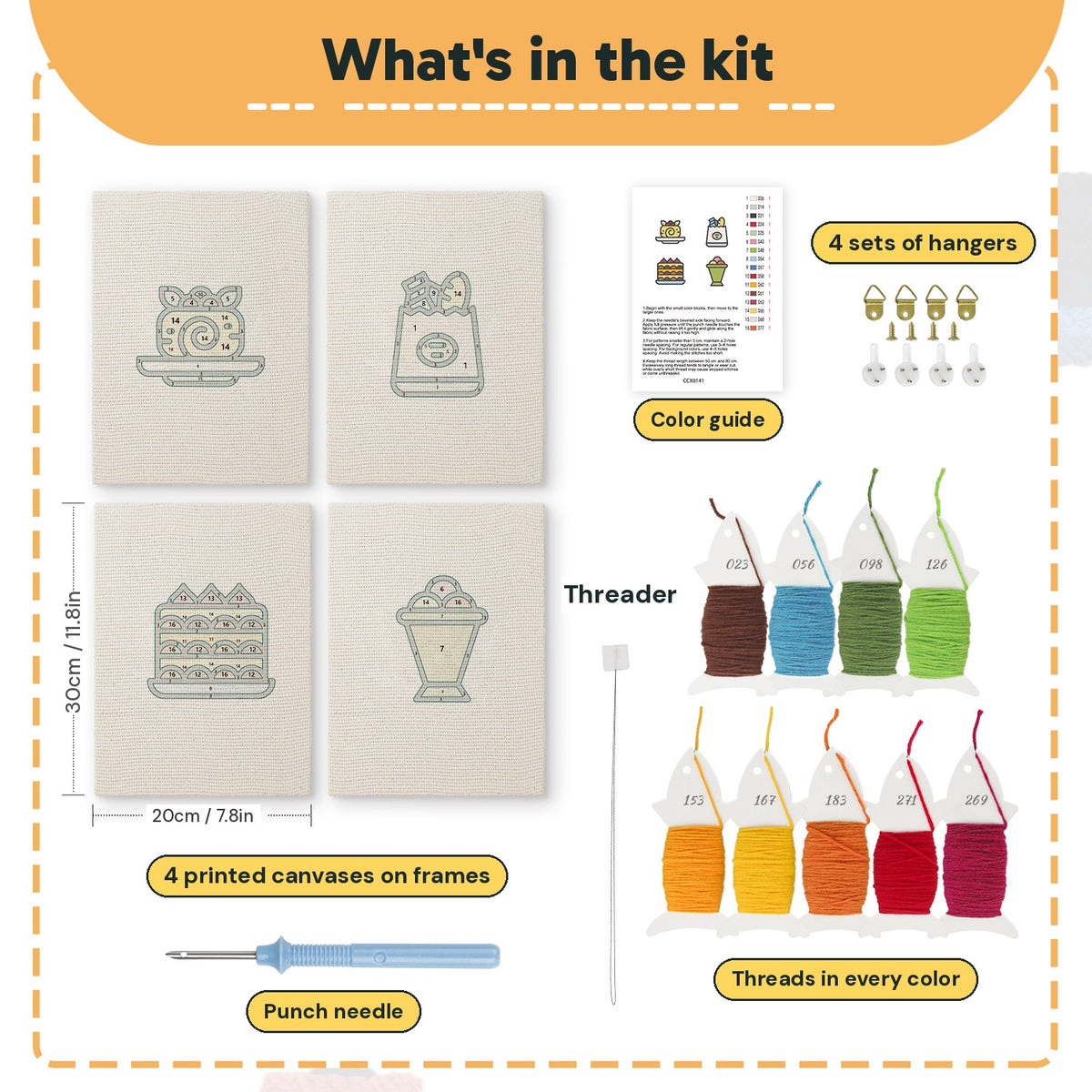 What is in the Berry Roll Cake set, 8 × 12 in (20 × 30 cm) each: 4 printed canvases, punch needle, threader, threads, color guide and 4 sets of hangers