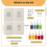What is in the Berry Roll Cake set, 8 × 12 in (20 × 30 cm) each: 4 printed canvases, punch needle, threader, threads, color guide and 4 sets of hangers