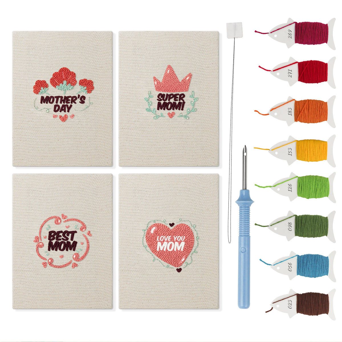 Best Mom Badges mini punch needle kit set: four finished canvases with threads, punch needle and threader