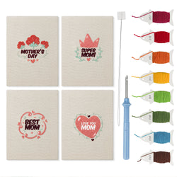 Best Mom Badges mini punch needle kit set: four finished canvases with threads, punch needle and threader