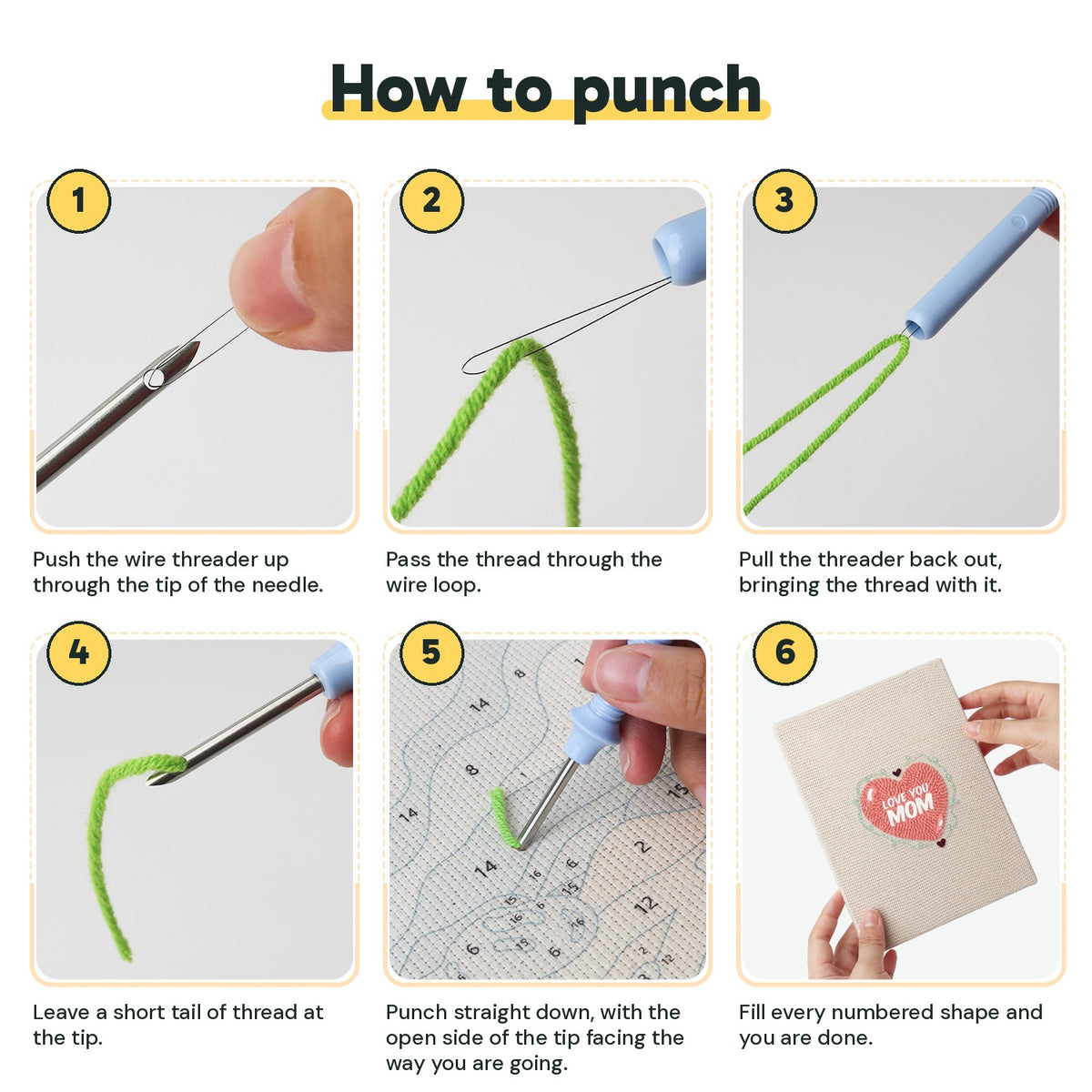 Six steps showing how to thread and use the punch needle