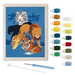 Big Cats Gathering punch needle kit: finished canvas with threads, punch needle and threader