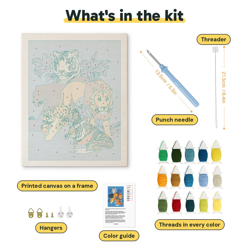 What is in the Big Cats Gathering kit: printed canvas, punch needle, threader, threads, color guide and hangers