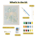 What is in the Big Cats Gathering kit: printed canvas, punch needle, threader, threads, color guide and hangers