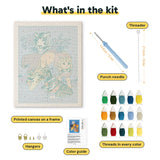 What is in the Big Cats Gathering kit: printed canvas, punch needle, threader, threads, color guide and hangers