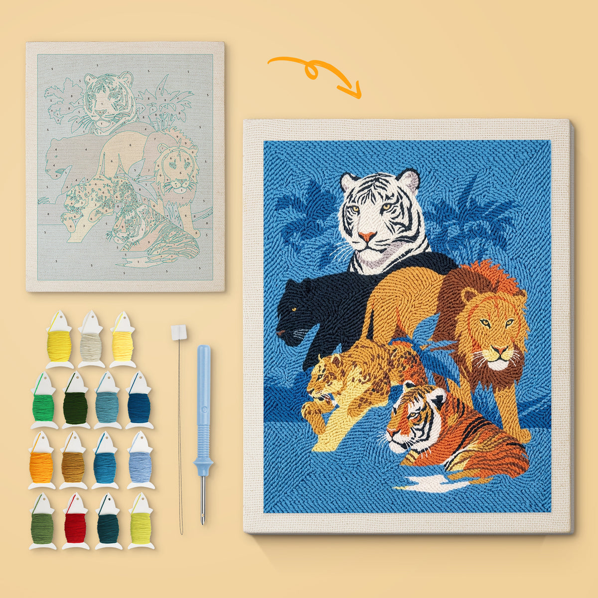 Big Cats Gathering canvas before and after punching, with the threads and tools