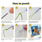 Six steps showing how to thread and use the punch needle