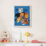 Finished Big Cats Gathering punch needle canvas on a wall