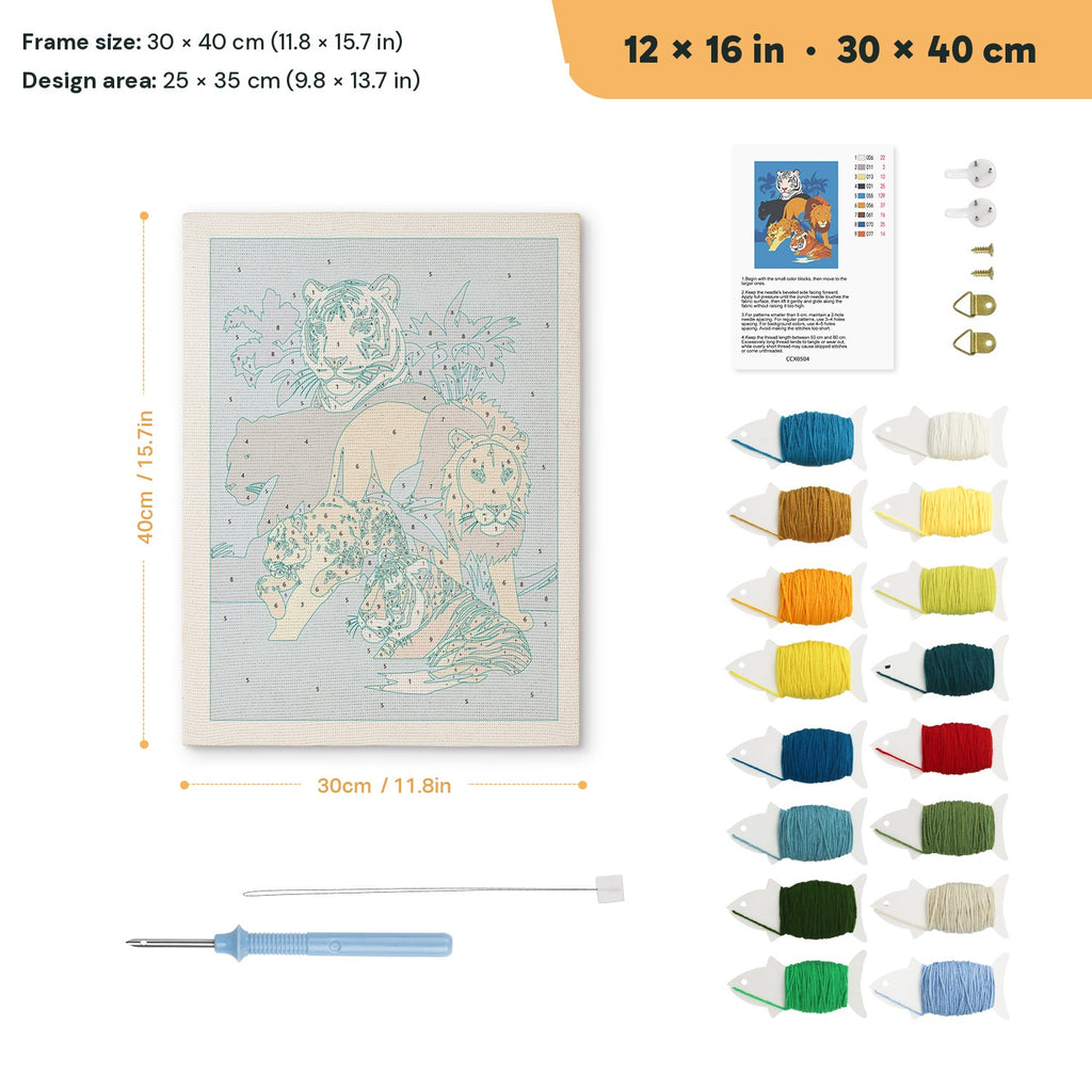 Big Cats Gathering punch needle kit, 12 × 16 in (30 × 40 cm): canvas size and kit contents