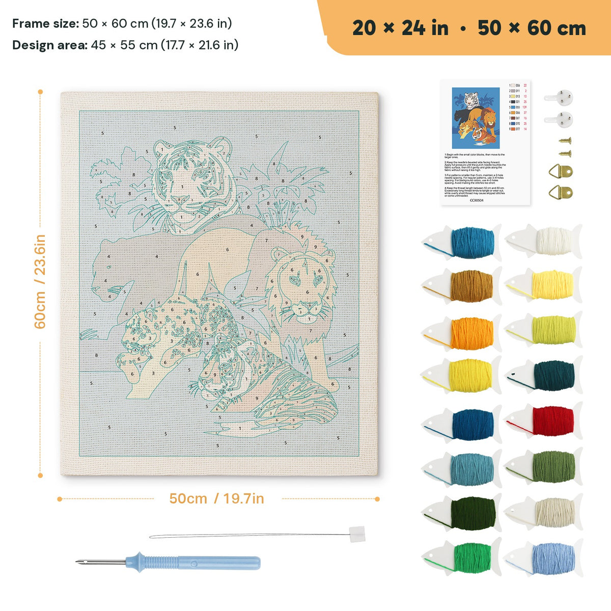 Big Cats Gathering punch needle kit, 20 × 24 in (50 × 60 cm): canvas size and kit contents