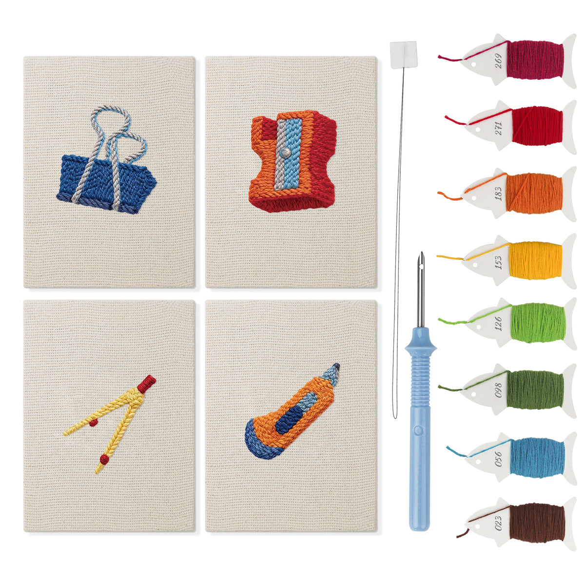 Binder Clip Tools mini punch needle kit set: four finished canvases with threads, punch needle and threader