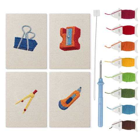 Binder Clip Tools mini punch needle kit set: four finished canvases with threads, punch needle and threader