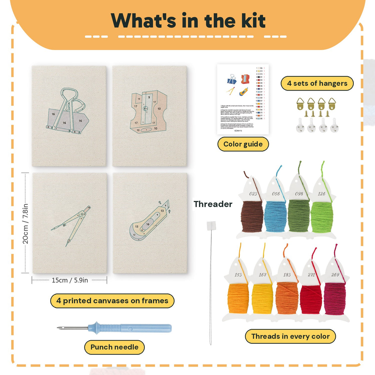 What is in the Binder Clip Tools set: 4 printed canvases, punch needle, threader, threads, color guide and 4 sets of hangers (6 × 8 in (15 × 20 cm) each)