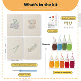 What is in the Binder Clip Tools set: 4 printed canvases, punch needle, threader, threads, color guide and 4 sets of hangers (6 × 8 in (15 × 20 cm) each)