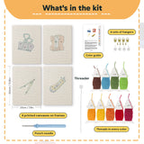 What is in the Binder Clip Tools set, 8 × 12 in (20 × 30 cm) each: 4 printed canvases, punch needle, threader, threads, color guide and 4 sets of hangers