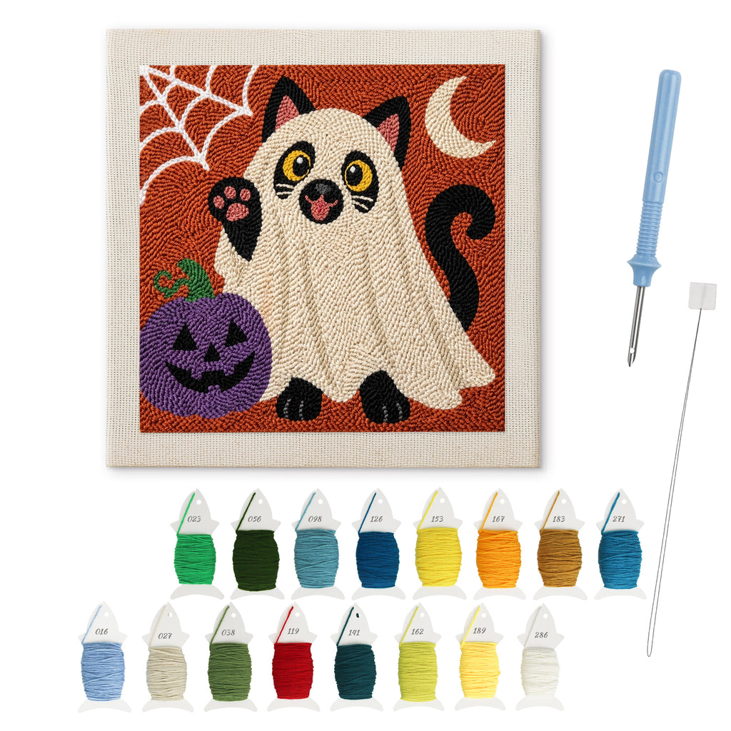 Black Cat Ghost punch needle kit: finished canvas with threads, punch needle and threader