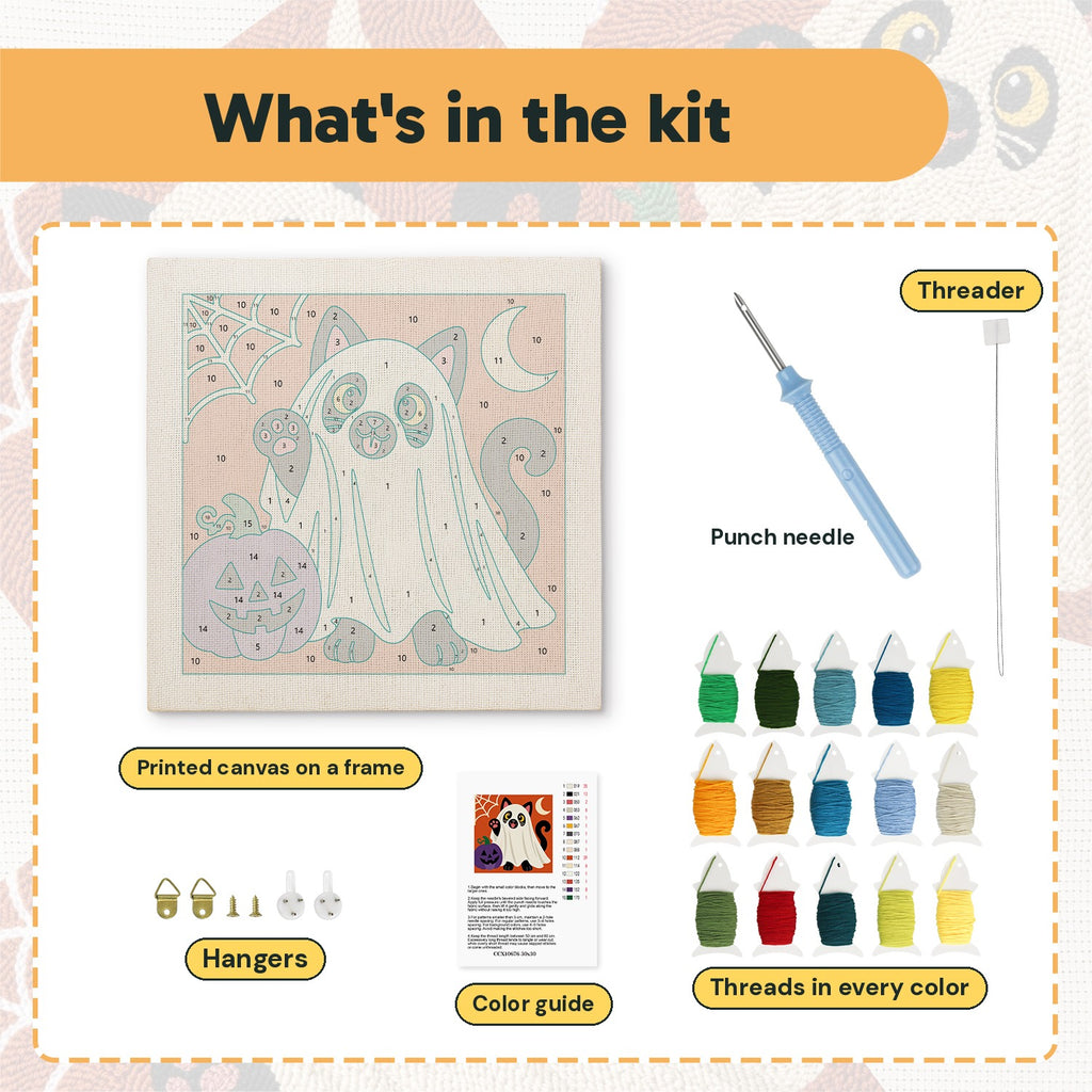 What is in the Black Cat Ghost kit: printed canvas, punch needle, threader, threads, color guide and hangers