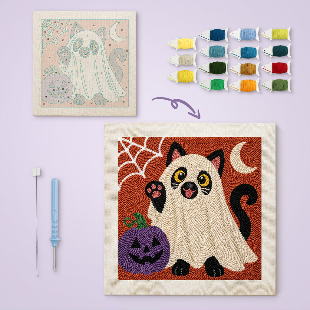 Black Cat Ghost canvas before and after punching, with the threads and tools