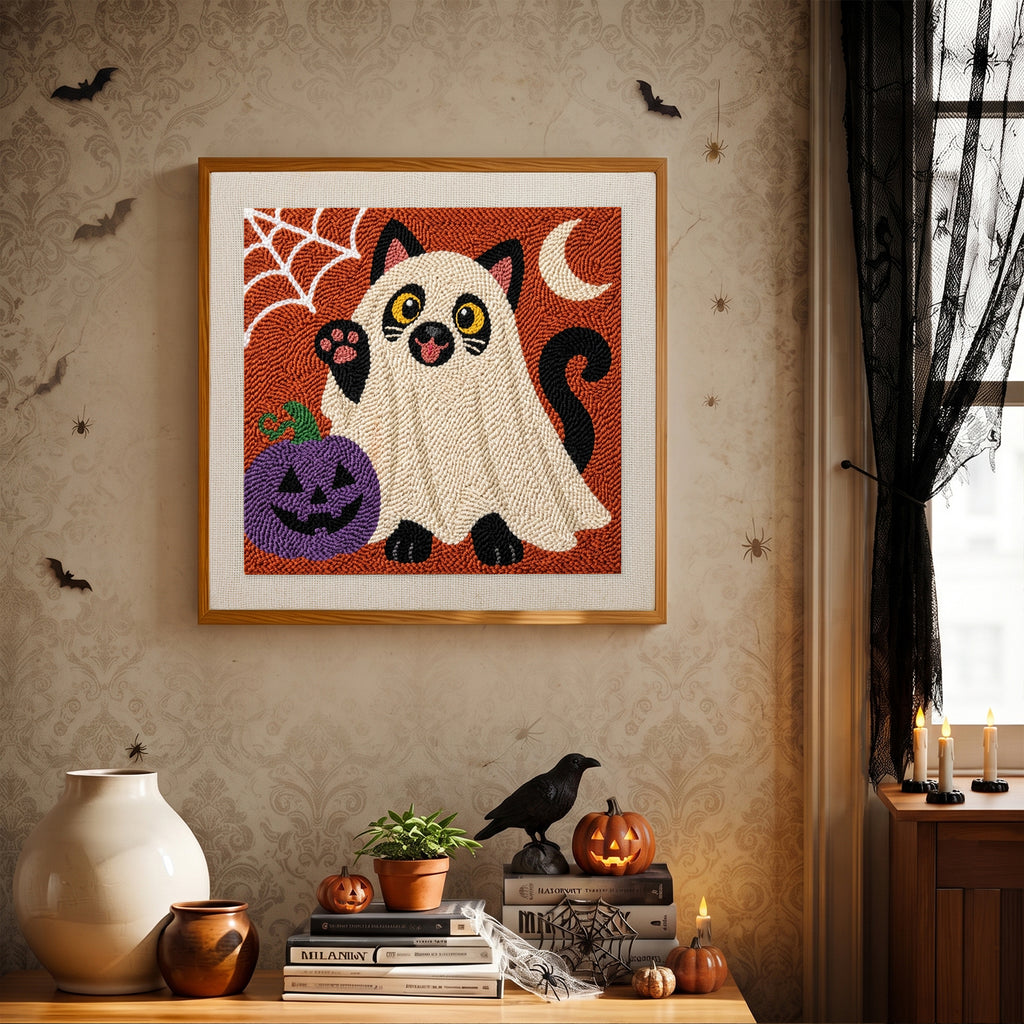 Finished Black Cat Ghost punch needle canvas on a wall