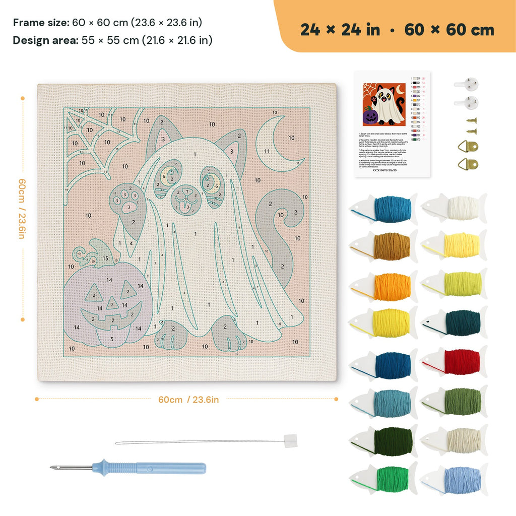 Black Cat Ghost punch needle kit, 24 × 24 in (60 × 60 cm): canvas size and kit contents