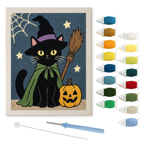 Black Hat Witch Cat punch needle kit: finished canvas with threads, punch needle and threader