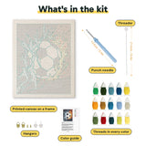 What is in the Blazing Soccer Ball kit: printed canvas, punch needle, threader, threads, color guide and hangers