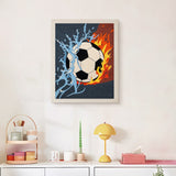 Finished Blazing Soccer Ball punch needle canvas on a wall