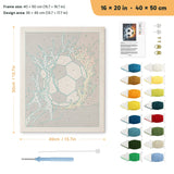 Blazing Soccer Ball punch needle kit, 16 × 20 in (40 × 50 cm): canvas size and kit contents